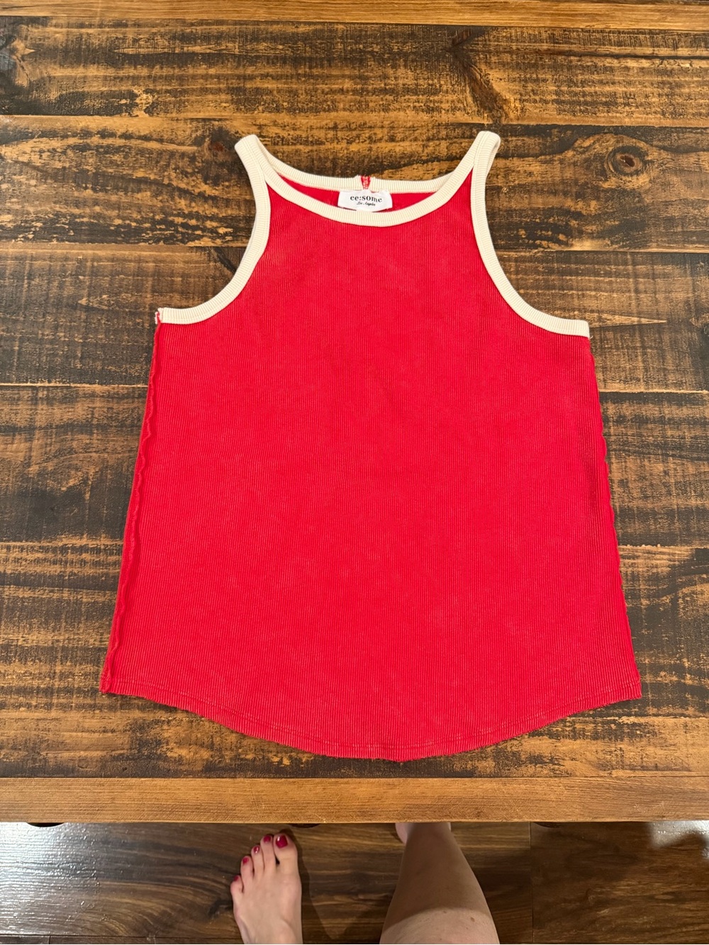 eesome Red Ribbed Tank with Cream Trim Details